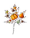 Hand sketched illustration with pumpkins, autumn fruites and mushrooms