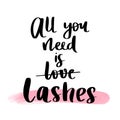 Hand sketched Lashes quote. Calligraphy phrase for beauty salon