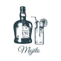 Hand sketched Mojito glass and rum bottle isolated. Alcoholic drink set drawing. Vector illustration of cocktail.