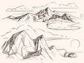 Hand sketched mountain landscapes with lake, stones, clounds