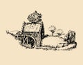 Hand sketched of old rustic water mill. Vector rural landscape illustration of irish countryside or scottish highlands. Royalty Free Stock Photo