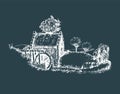 Hand sketched of old rustic water mill. Vector rural landscape illustration of irish countryside or scottish highlands. Royalty Free Stock Photo