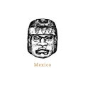 Hand sketched Olmec stone head. Vector illustration of Mexican tourist attraction.Latin American travel symbol.