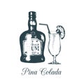 Hand sketched pina colada glass and rum bottle isolated. Alcoholic drink set drawing. Vector illustration of cocktail. Royalty Free Stock Photo