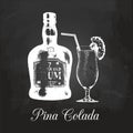 Hand sketched rum bottle and pina colada glass. Alcoholic drink drawing on chalkboard. Vector illustration of cocktail. Royalty Free Stock Photo