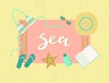 Hand sketched Sea typography lettering poster, beach background Royalty Free Stock Photo