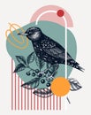Hand-sketched Starling vector illustration. Perching bird on buckthorn branch. Collage style illustration with geometric shapes