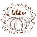 Hand-sketched typographic element with pumpkin