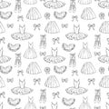 Hand sketched vector ballet dresses and shoes seamless pattern