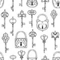 Hand sketched vector illustration - seamless pattern with vintage keys and locks. Design elements with decorative symbols.