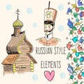 Hand sketched vector russian man, hut and decorative ornament. Russian collection. All images isolated. Culture, way of life.