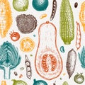Hand-sketched vegetables, mushrooms, herbs seamless pattern. Healthy food ingredients background. Perfect for wrapping paper,