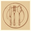 Hand sketched vintage cutlery and plate vector illustration