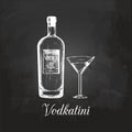 Hand sketched vodka bottle and vodkatini glass. Alcoholic drink drawing on chalkboard. Vector illustration of cocktail. Royalty Free Stock Photo