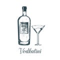 Hand sketched vodka bottle and vodkatini glass. Alcoholic drink set drawing.Vector illustration of traditional cocktail. Royalty Free Stock Photo