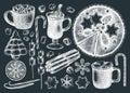 Hand-sketched winter desserts and hot drinks illustrations. Mulled wine, hot chocolate, candies and cookies on chalkboard. Winter