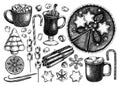 Hand-sketched winter desserts and hot drinks illustrations. Mulled wine, hot chocolate, candies and cookies drawings. Hand-drawn