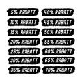 .Hand sketched word RABATT in German. Translated Discount. Hand sketched sale tags set 5 off, 10, 20, 30, 40, 50, 60, 70