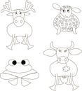The hand sketches of animals: elk, sheep, frog, cow. Black lines on white