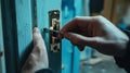 A hand skillfully uses a tool to repair a door lock, emphasizing craftsmanship and precision Royalty Free Stock Photo