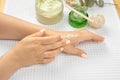 Hand Skin Care. Closeup Of Beautiful Female Hands With Natural Manicure Nails. Close Up Of Woman`s Hand Touching Her Soft Silky Royalty Free Stock Photo