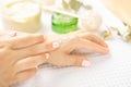 Hand Skin Care. Closeup soft Female Hands With Natural Manicure Nails. Close Up Of Woman`s Hand Touching Her Soft Silky Healthy Royalty Free Stock Photo