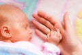 Hand the sleeping baby girl in the palm of mother Royalty Free Stock Photo