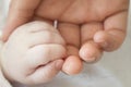 Hand of sleeping baby in the hand of mother close-up on the bed Royalty Free Stock Photo