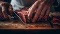Hand slicing fresh meat for gourmet meal generated by AI