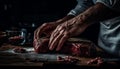 Hand slicing fresh organic beef fillet steak generated by AI