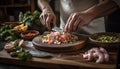 Hand slicing fresh vegetables for homemade salad generated by AI