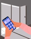 Hand with Smart home app on phone, interior scene.
