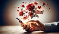 Hand with Smartphone and Floating Roses and Envelopes