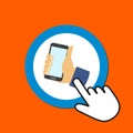 Hand with smartphone icon. Using mobile phone concept. Hand Mouse Cursor Clicks the Button Royalty Free Stock Photo