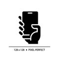 Hand with smartphone pixel perfect black glyph icon