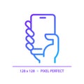 Hand with smartphone pixel perfect gradient linear vector icon