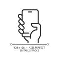 Hand with smartphone pixel perfect linear icon