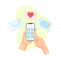 Hand with Smartphone Receiving Message in Chat Software Vector Illustration