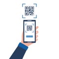 A hand with a smartphone scans a QR code. Men`s hands hold the phone. Flat vector illustration isolated on white background