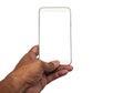 Hand with smartphone white screen isolated Royalty Free Stock Photo