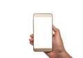 Hand with smartphone white screen isolated, Clipping path Royalty Free Stock Photo