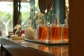 hand soap dispensers on dais, mirror reflection soft