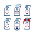 Hand soap sanitizer mascot character with expression smile, angry, upset, love, astonished, mad, and frowned in cartoon vector