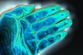 Hand solarised to illustrate germs or virus contamination.