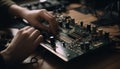 Hand soldering a CPU on motherboard indoors generated by AI Royalty Free Stock Photo