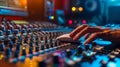 Hand of sound engineer working on mixing console in recording studio, Generative AI illustrations Royalty Free Stock Photo