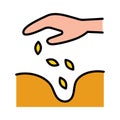 Hand sowing seeds in ground icon. Planting seeds in ground. Pictogram isolated on white background