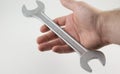 Hand with a spanner wrench on a white background
