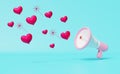 Hand speaker or megaphone with red heart shaped balloon in blue composition background ,valentine`s day concept ,3d illustration Royalty Free Stock Photo