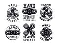 Hand spinner vector logo and labels. Fidget spinners emblems